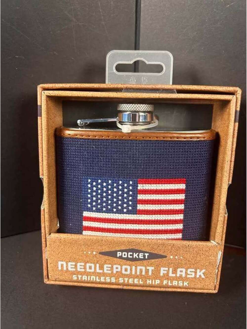 The Kraftsman Co. American Flag Needlepoint Stainless Steel Leather Pocket Flask